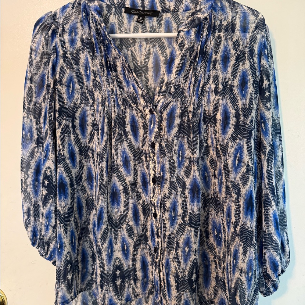 Blue Relaxed Buttoned Blouse with Mandarin Collar